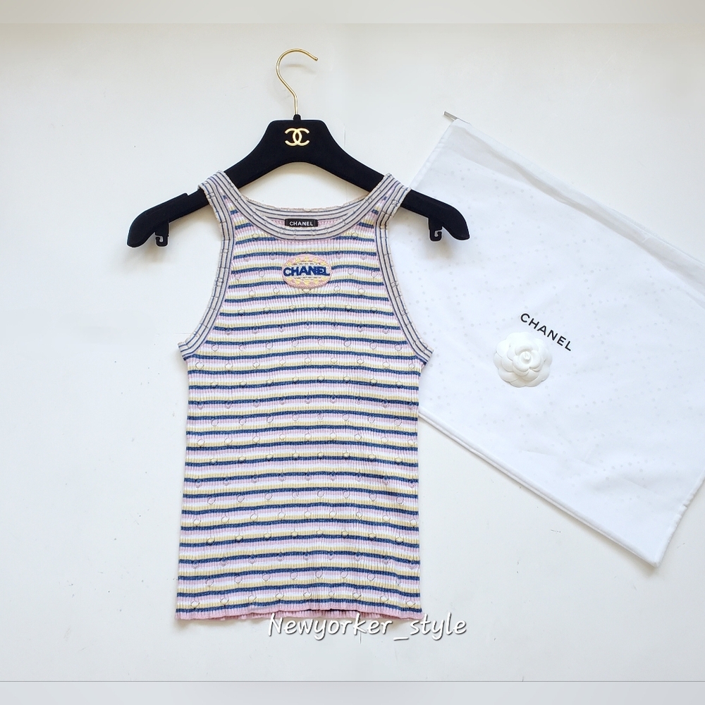 (SALE)Chanel Logo Cotton Striped Tank Top-Brand New